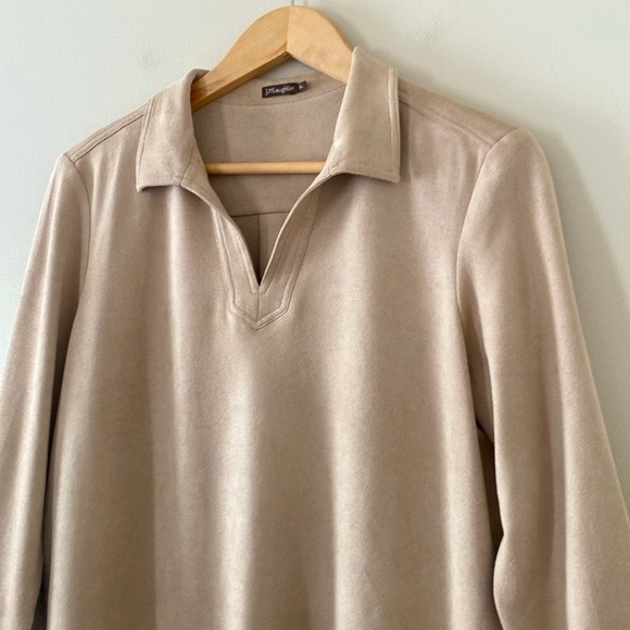 J. McLaughlin Faux Micro Suede V Neck 3/4 Slit Sleeve Tunic Size XL Tan - Picture 2 of 12